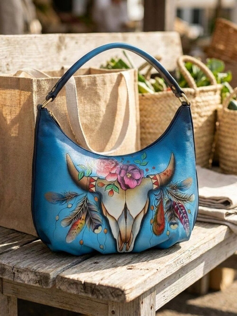 Anuschka Handpainted blue ombre Boho Spirit Skull Hobo Bag - Picture 6 of 7